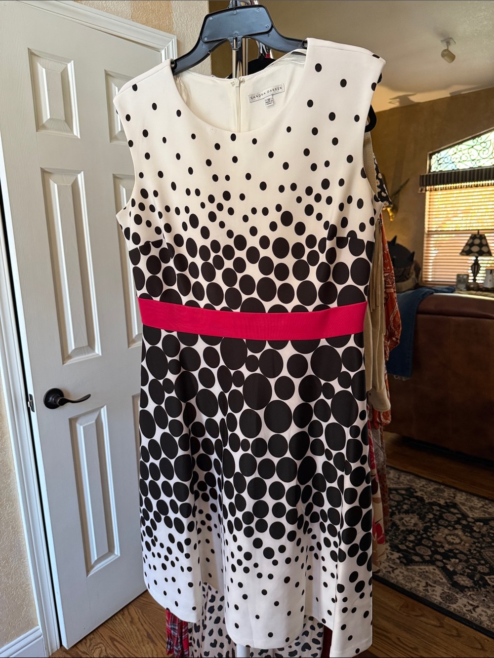 Sandra Darren White and Black Polka Dot Midi Dress with Pink Waistband